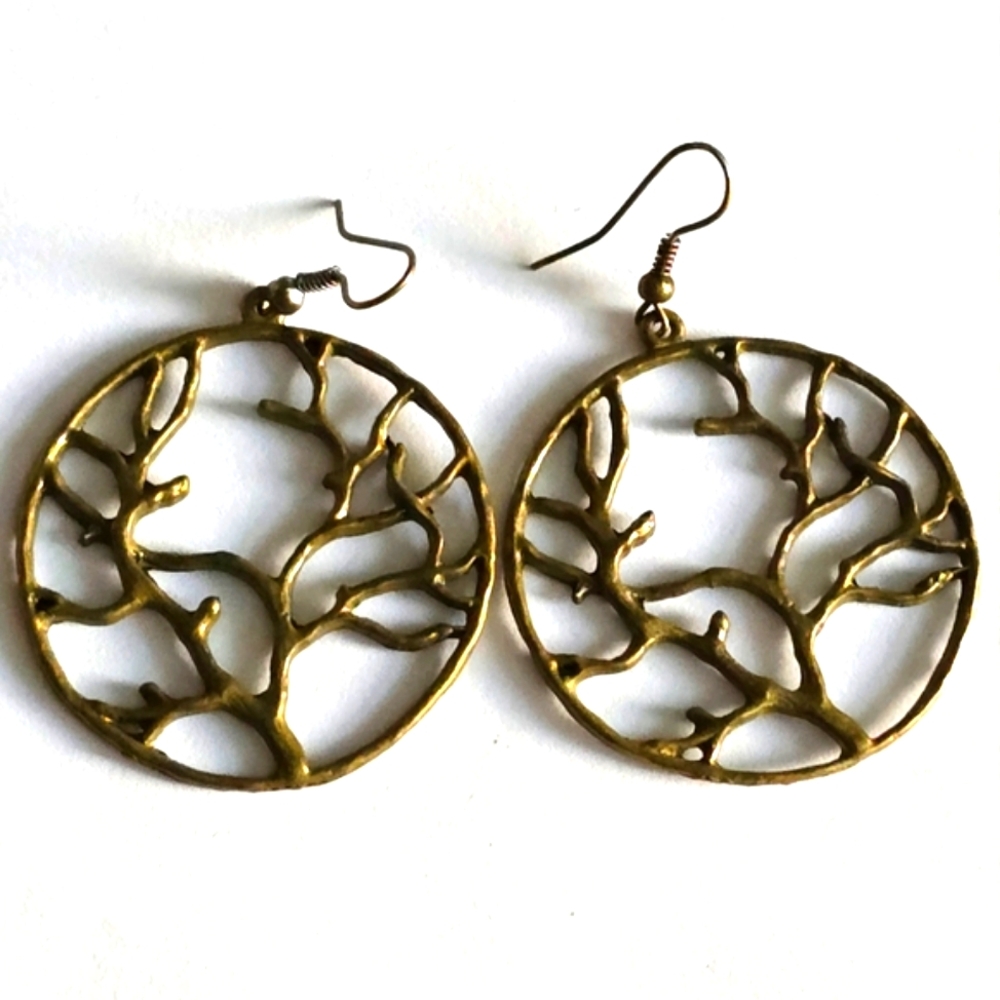 Tree earrings circle branch of life dark gold tone metal